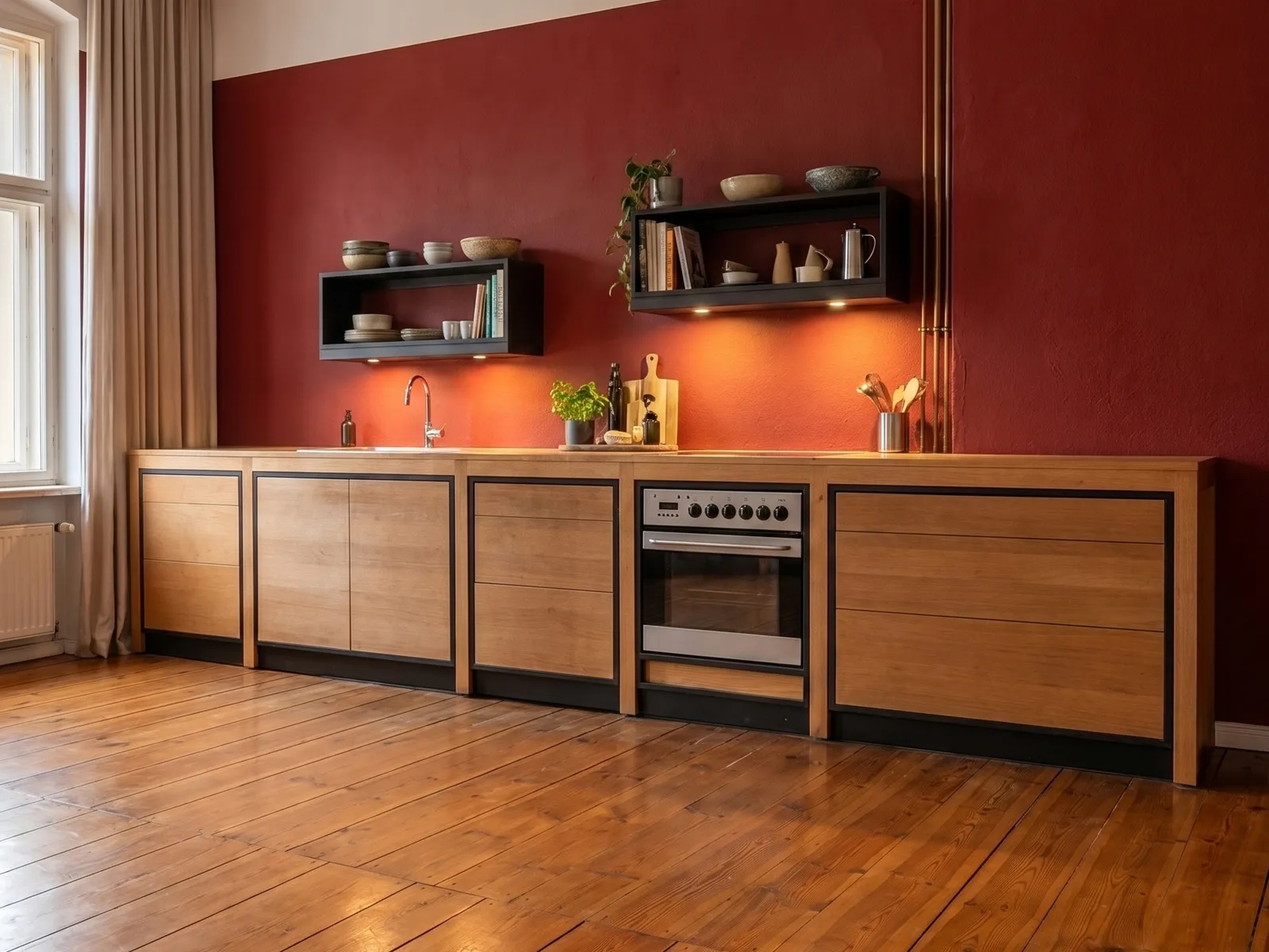 Maßgefertigte Küche in einer Neuköllner Altbauwohnung mit Eiche und Valchromat
