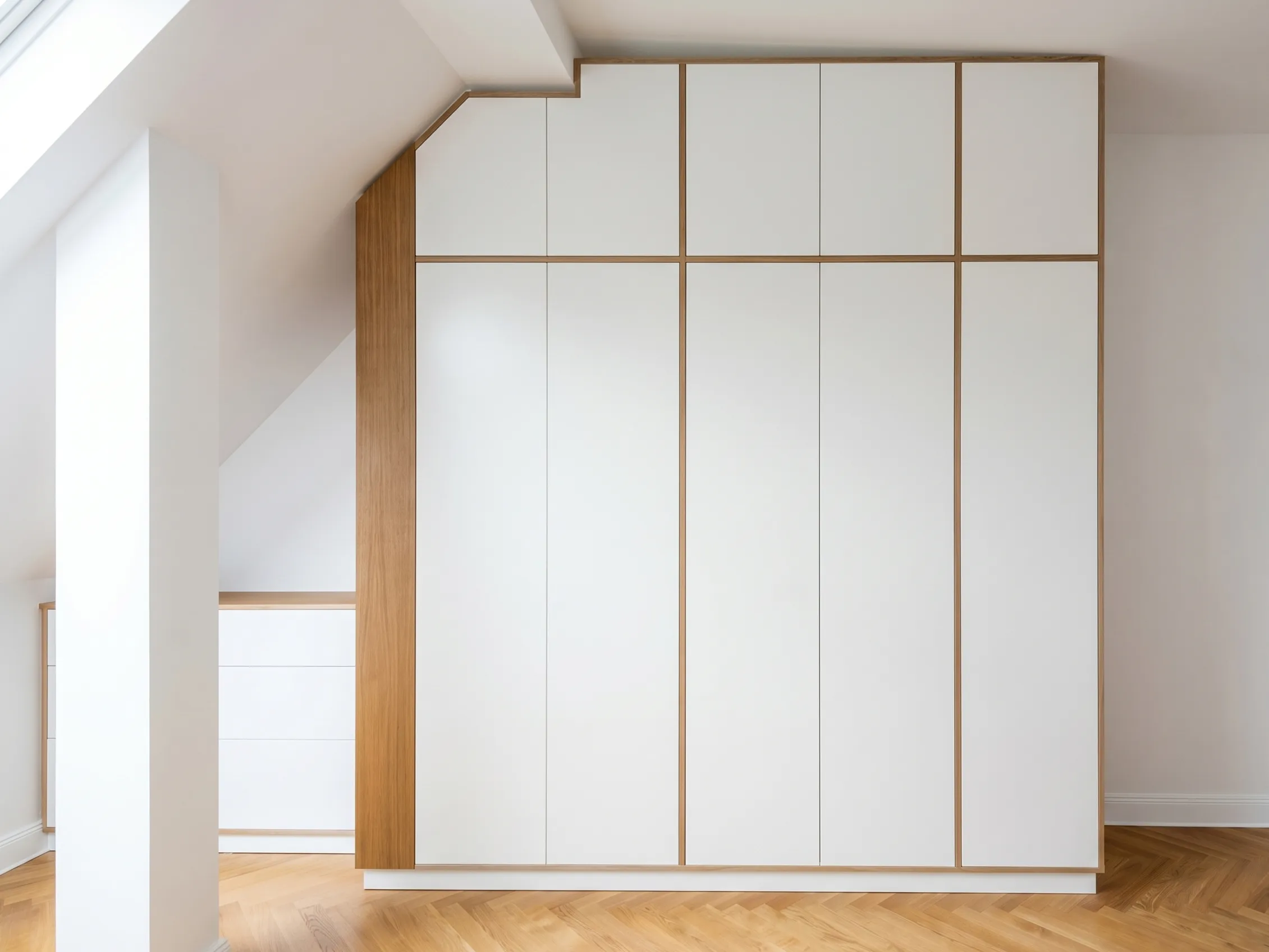 Detailansicht eines Einbaumöbels mit Nussbaumfurnier und weiß lackierten Fronten.